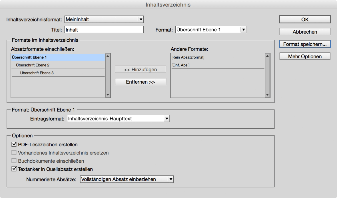 Bildschirmfoto Adobe InDesign Erstellung von Inhaltsverzeichnissen