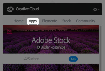 Creative Cloud Fenster, Apps Reiter