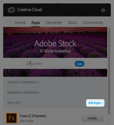 Creative Cloud Fenster, App Liste