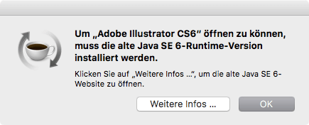Bildschrimfoto Fehlermeldung Öffnen von Illustrator, Java Installation notwendig