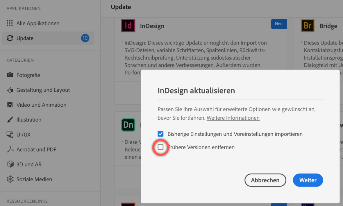 Bildschirmfoto Adobe Creative Cloud Programm, Fenster zum Update