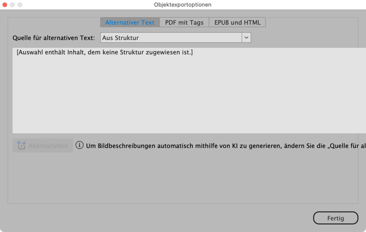 InDesign-Programmfenster für die Eingabe von Alternativtexte