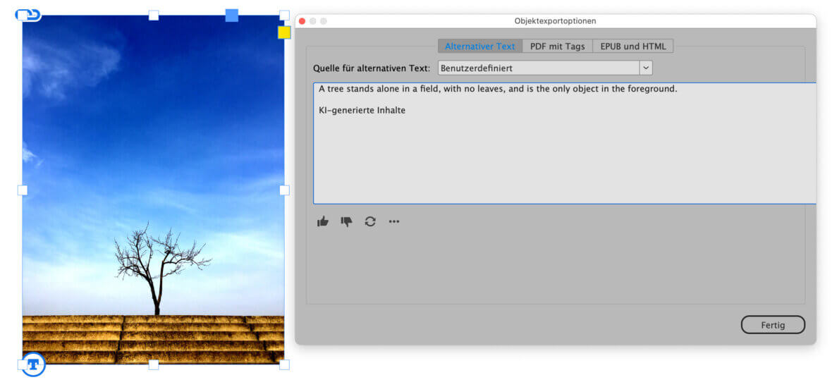 In InDesign platziertes Bild mit KI-generierten Alternativtext im entsprechenden Programmfenster
