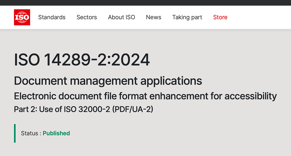 Bildschirmfoto der ISO-Webseite zu PDF/UA-2