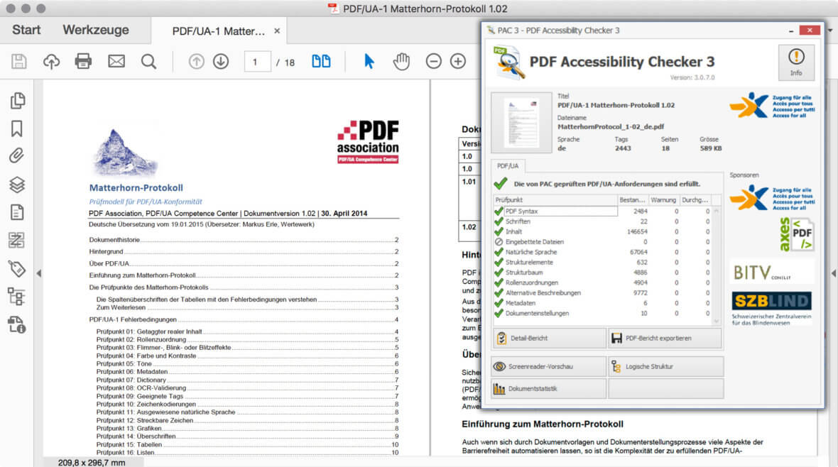 Bildschirmfoto PDF des Matterhorn Protokoll und des Prüfprogramms PAC3