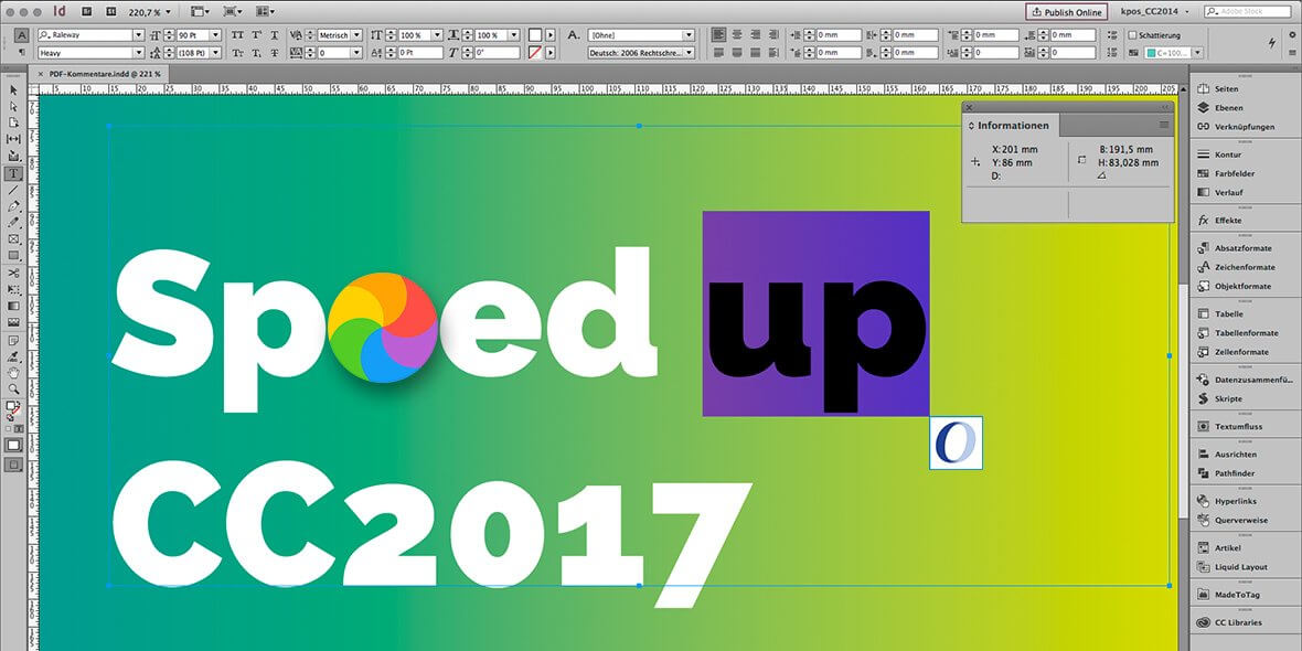 Bildschirmfoto von Adobe InDesign CC2017 mit einer Monaten von OpenType-Problemen