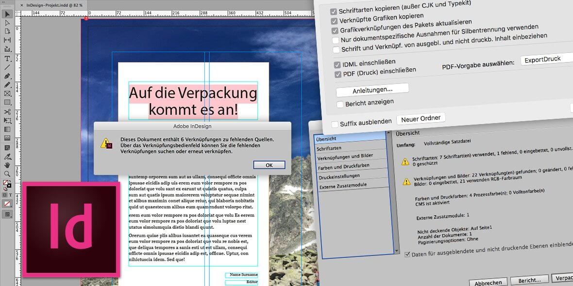 Montage von Bildschirmfotos aus Adobe InDesign zum Thema Verpacken